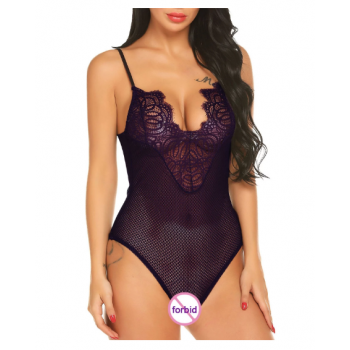Lace Insert See Through Backless Mesh Teddy - Red,Purple,Black